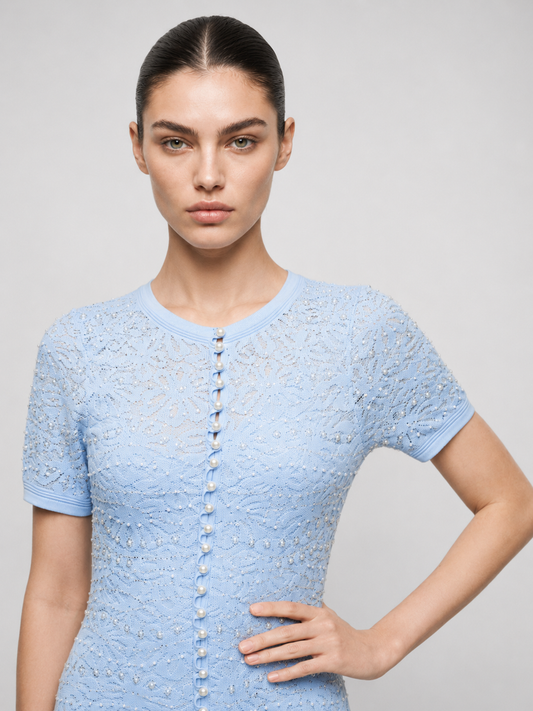 Pearl Embellished Midi Dress in white, close-up of pearl button detail