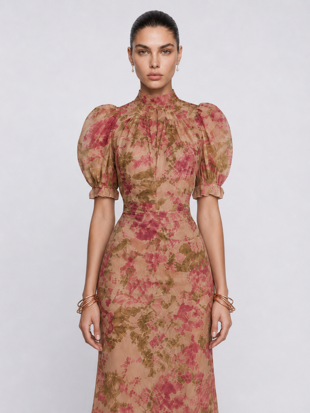 Vintage Rose Puff Sleeve Maxi Dress