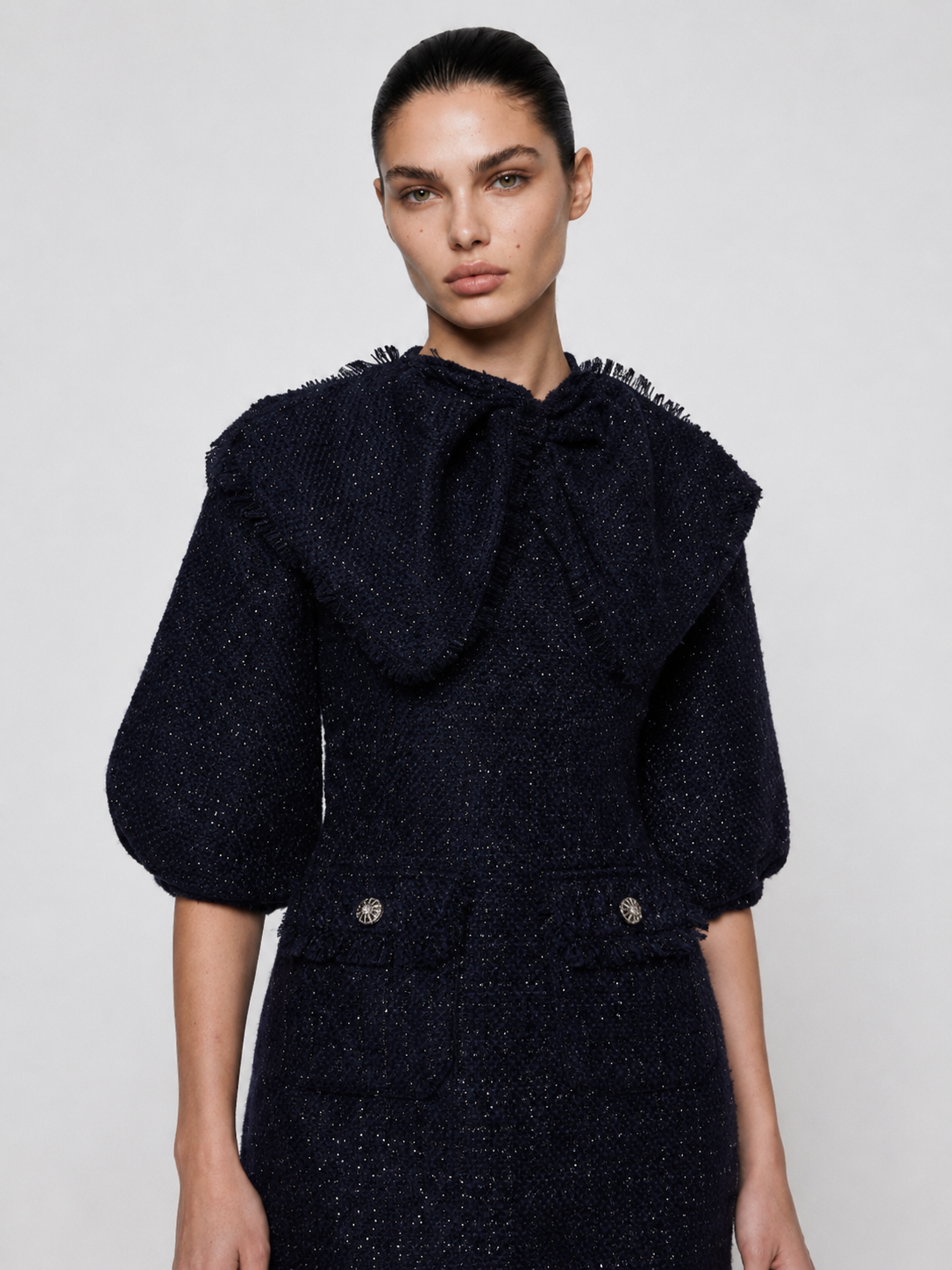 Bow Collar Tweed Midi Dress