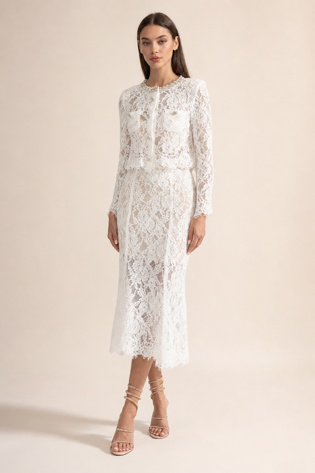 Diamond Embellished Lace Two-Piece Set