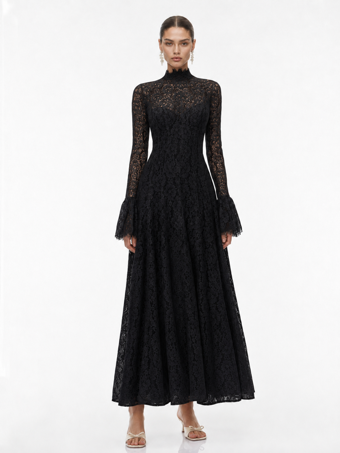 Mock Neck Floral Lace Maxi Dress