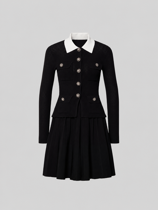 Crystal Button Contrast Collar Ribbed Knit Dress