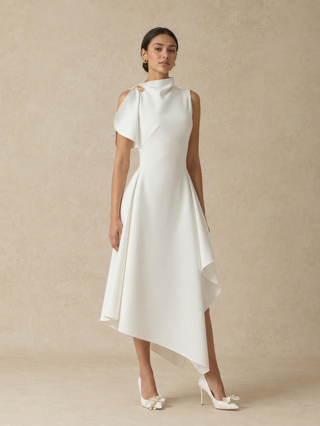 White Asymmetrical Flared Midi Dress