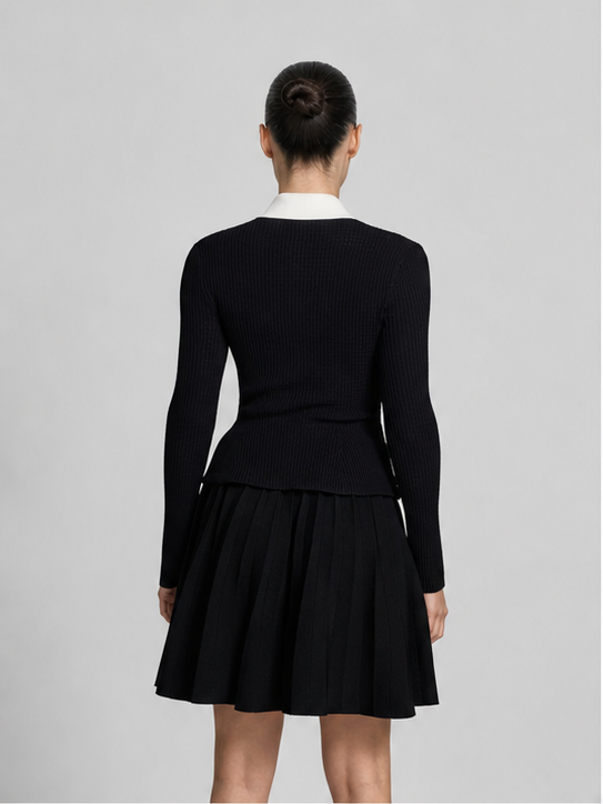 Crystal Button Contrast Collar Ribbed Knit Dress