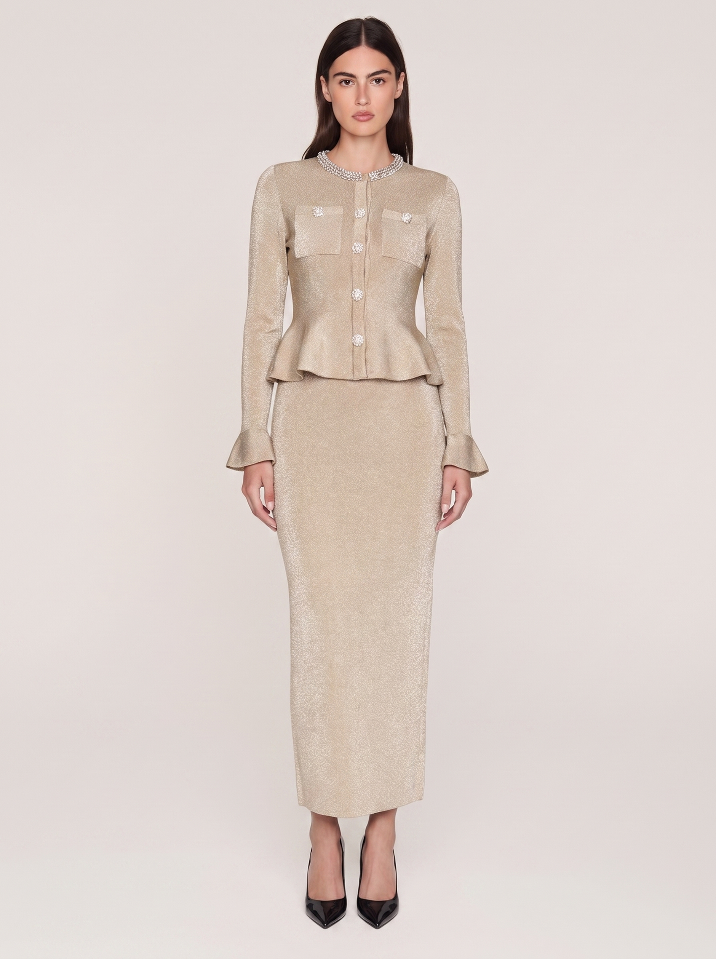 Crystal-Button Shimmer Knit Midi Dress