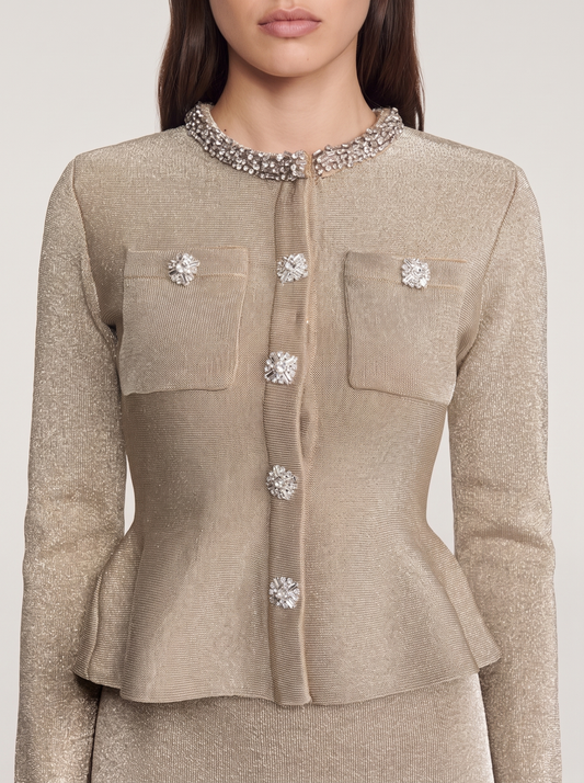 Crystal-Button Shimmer Knit Midi Dress