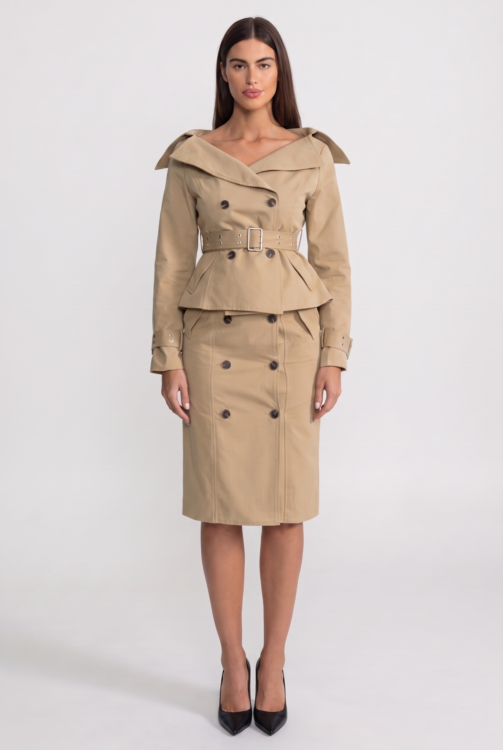 Off-Shoulder Peplum Trench Two-Piece Set