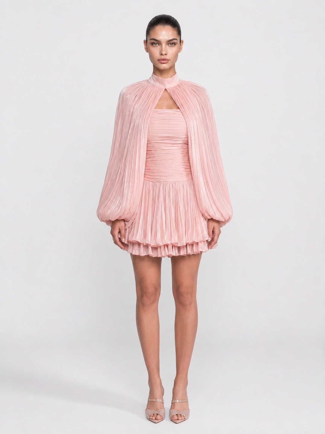 Pleated Balloon Sleeve Mini Dress