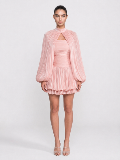 Pleated Balloon Sleeve Mini Dress