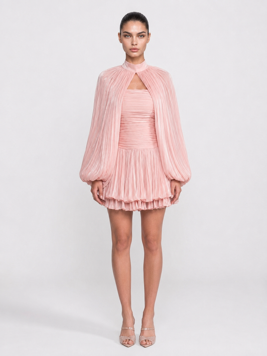 Pleated Balloon Sleeve Mini Dress