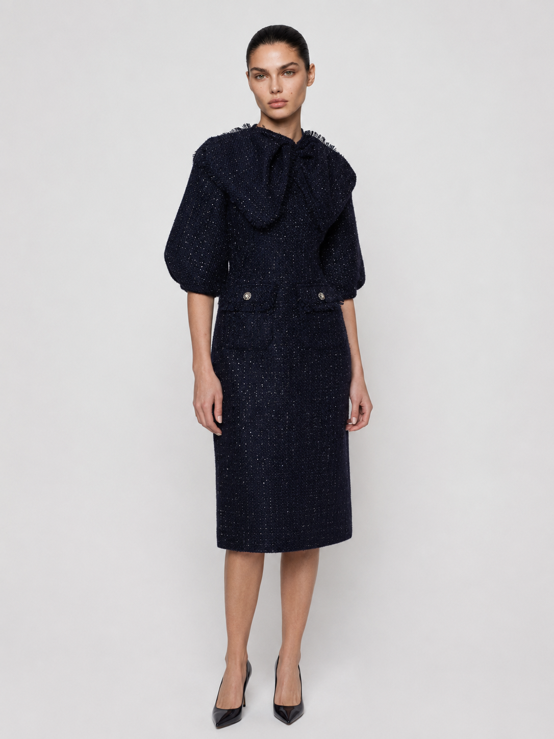 Bow Collar Tweed Midi Dress