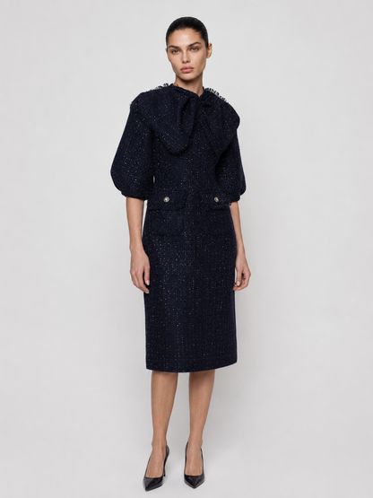 Bow Collar Tweed Midi Dress