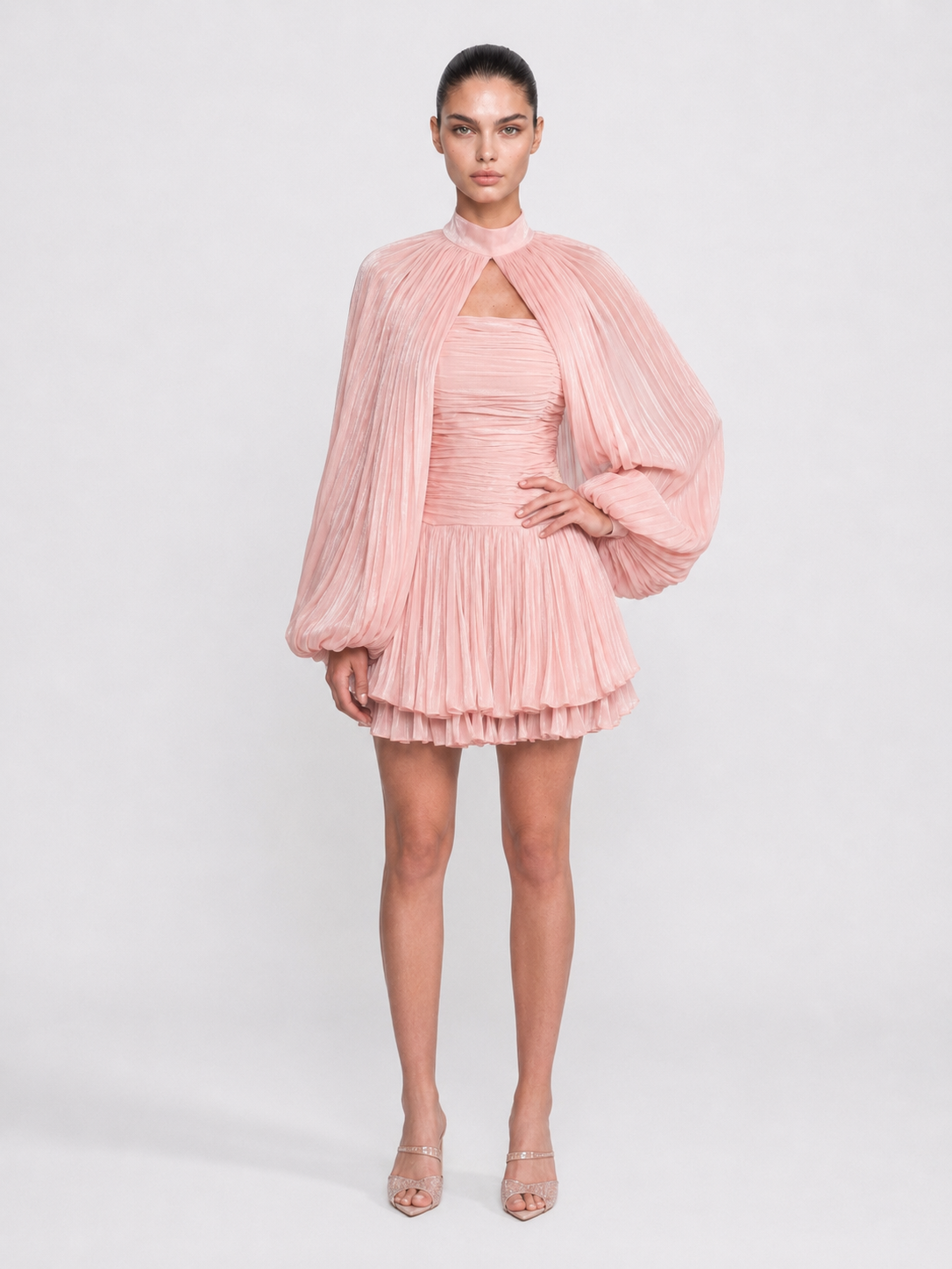 Pleated Balloon Sleeve Mini Dress