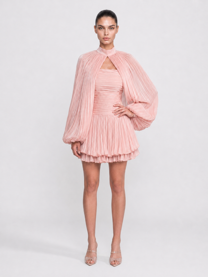 Pleated Balloon Sleeve Mini Dress