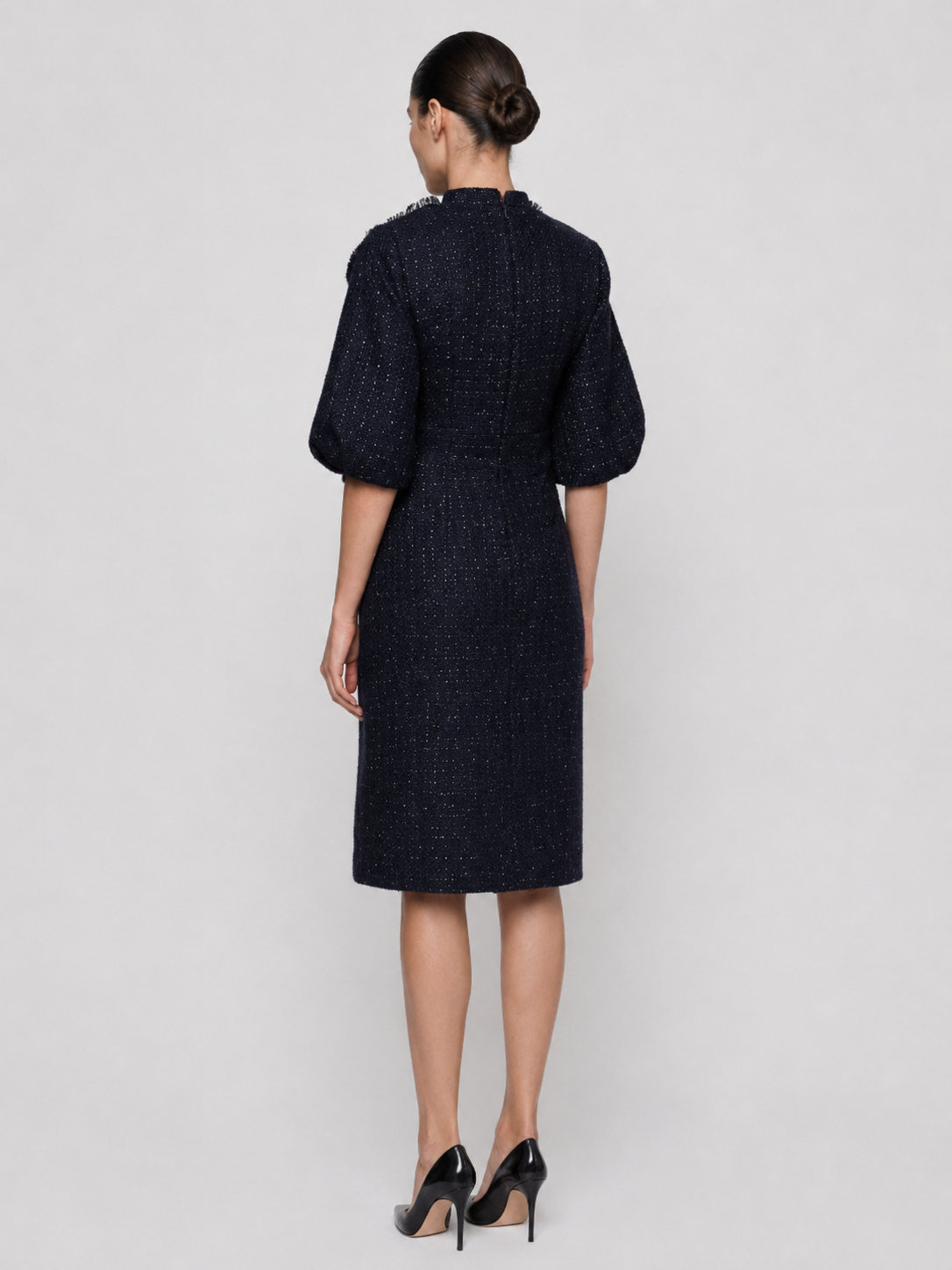 Bow Collar Tweed Midi Dress