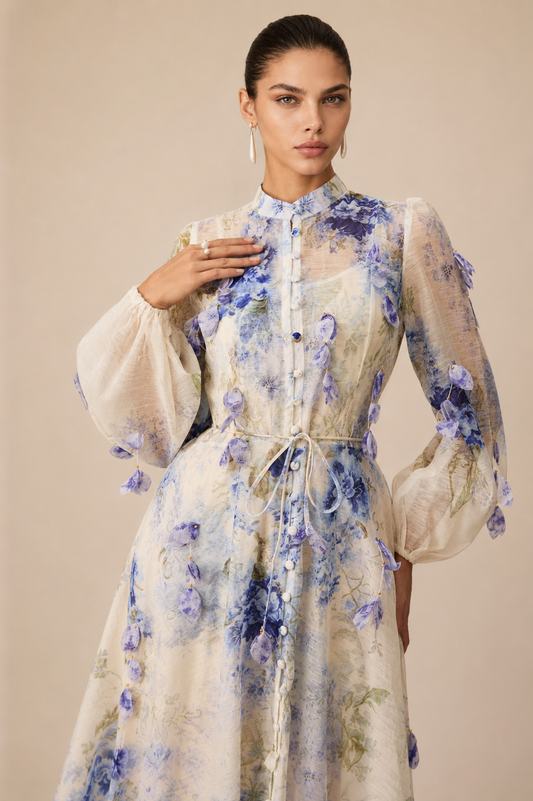 Blue Floral Belted Maxi Dress