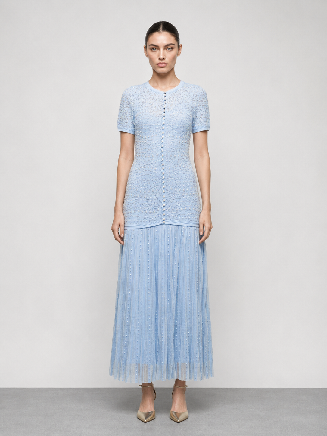 Pearl Embellished Midi Dress in white, front view