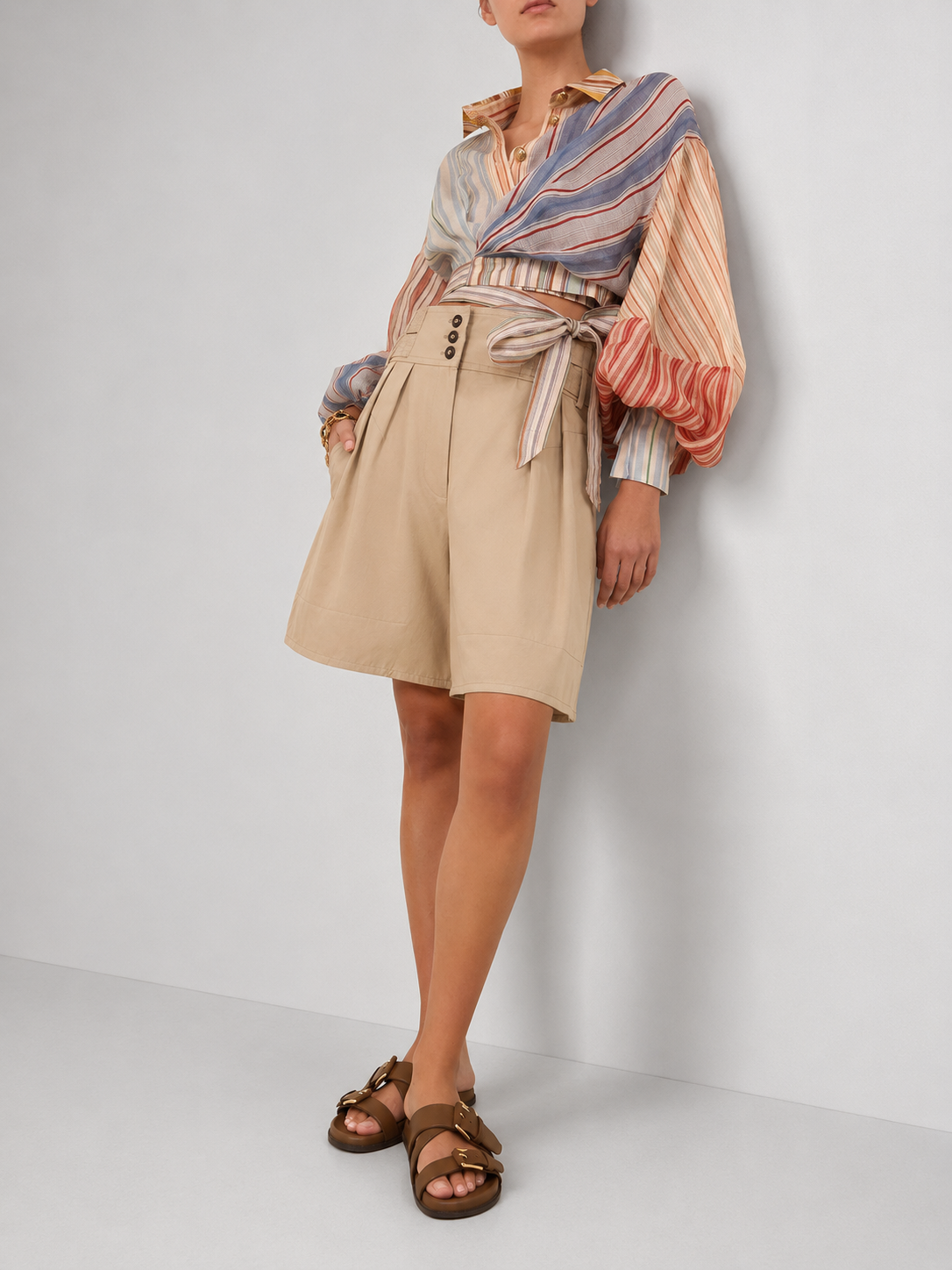 Striped Linen-Silk Cropped Blouse