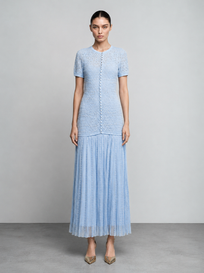 Pearl Embellished Midi Dress in white, pleated skirt detail