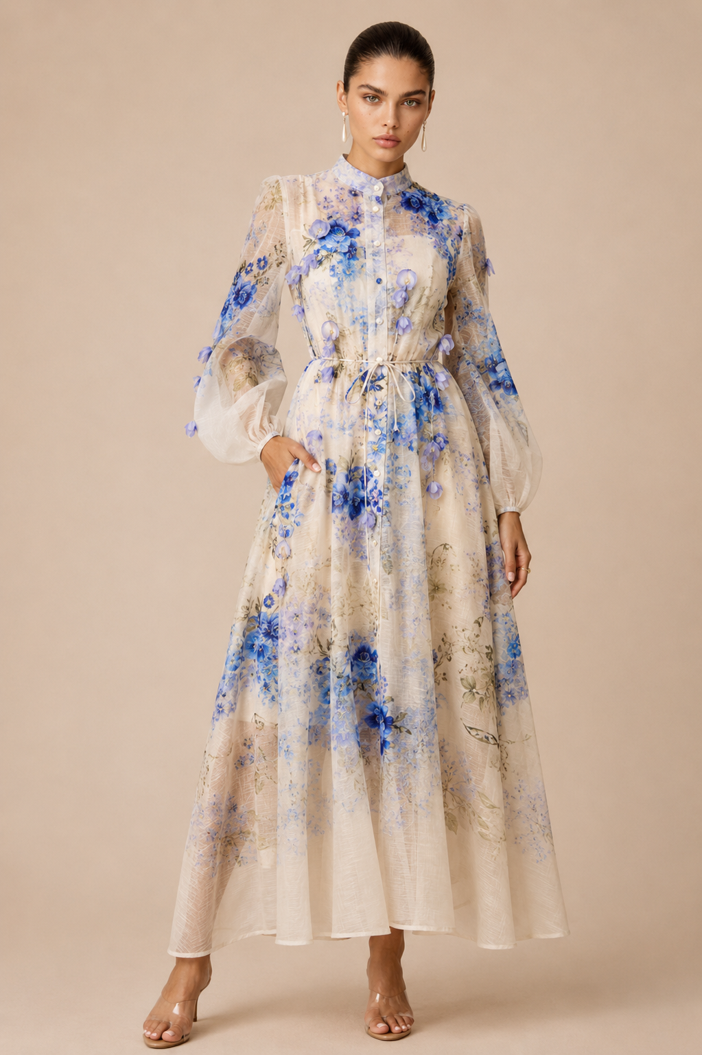 Blue Floral Belted Maxi Dress