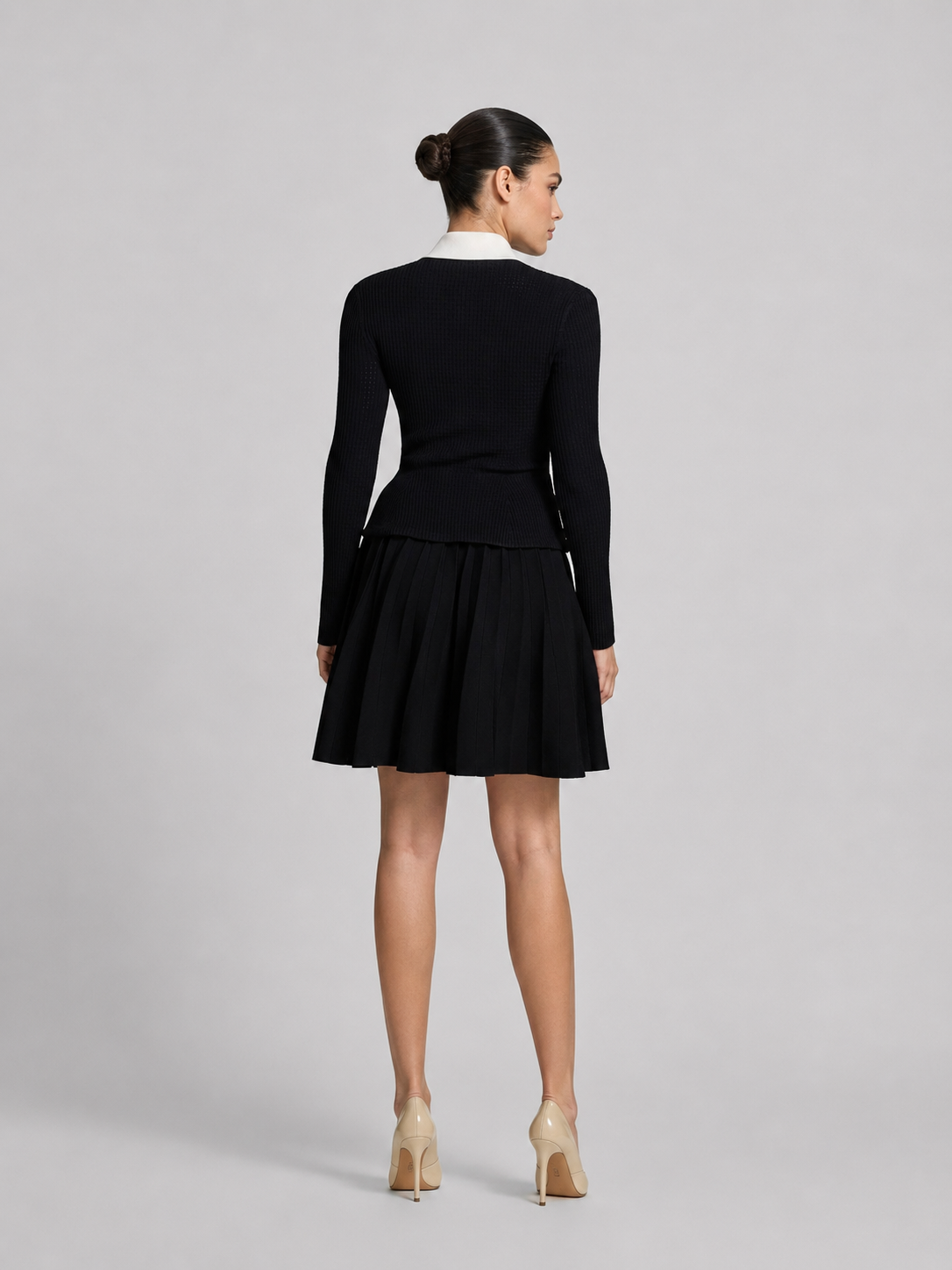 Crystal Button Contrast Collar Ribbed Knit Dress