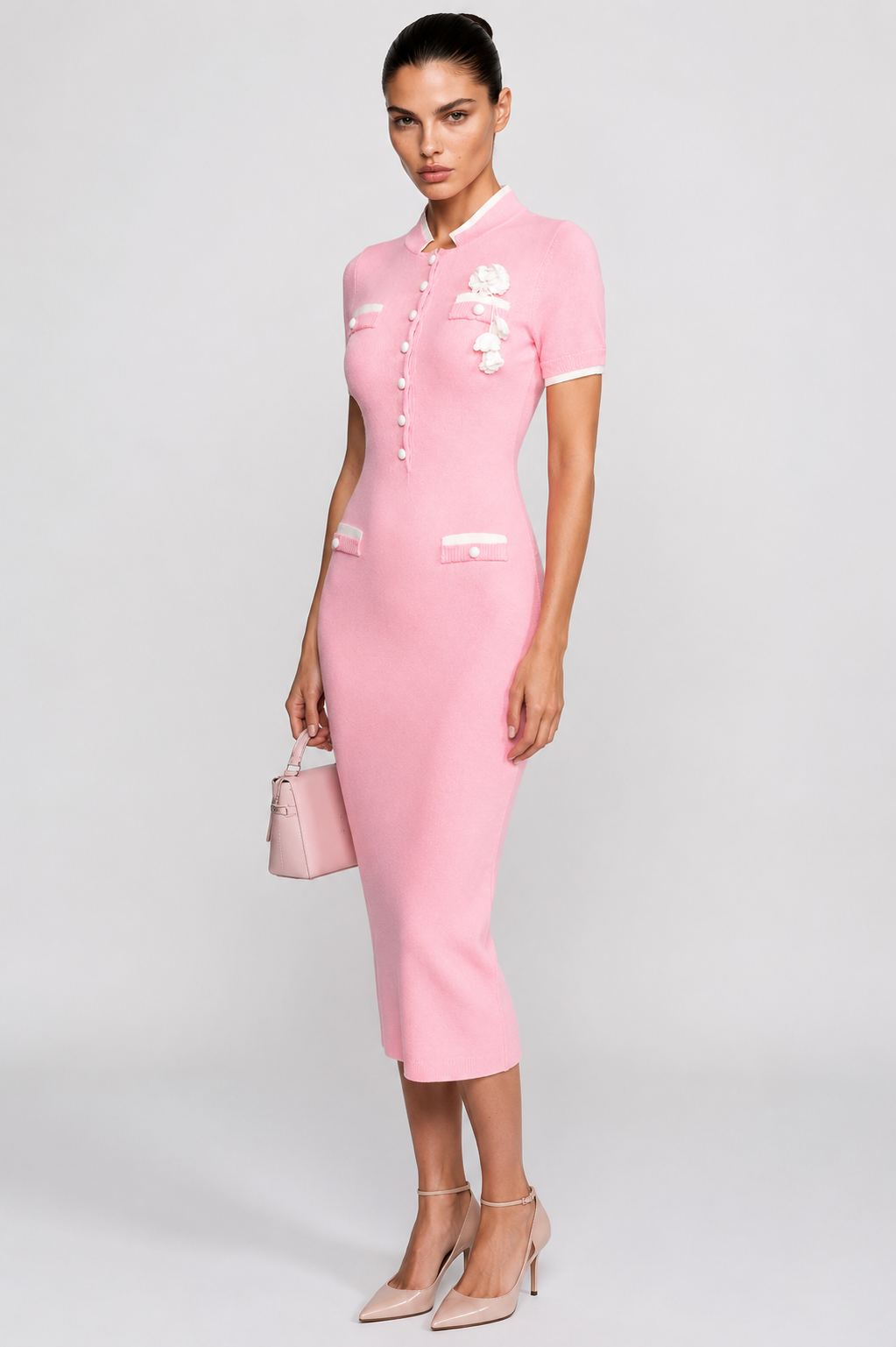 Contrast Trim Ribbed Knit Midi Dress