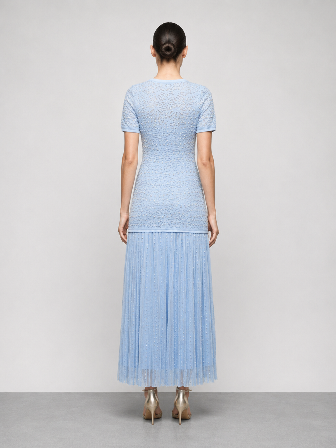 Pearl Embellished Midi Dress in white, styled view