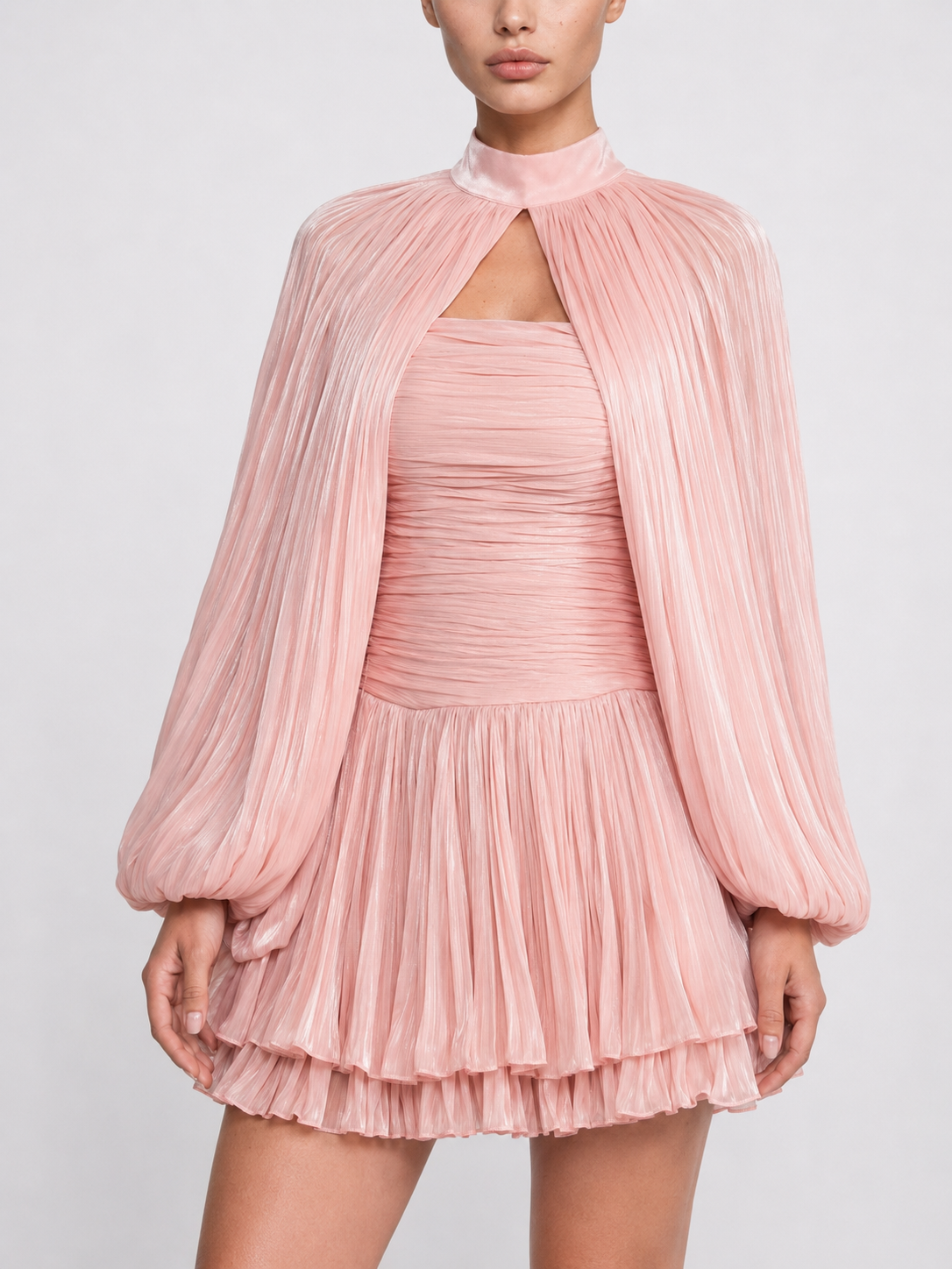 Pleated Balloon Sleeve Mini Dress