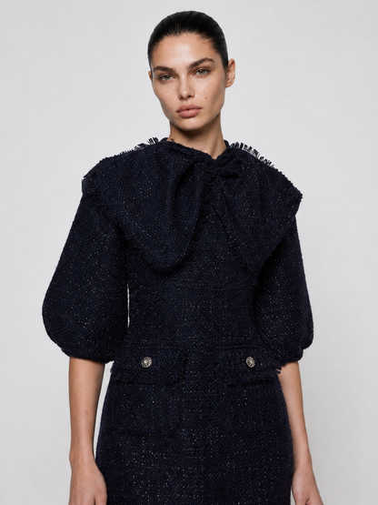 Bow Collar Tweed Midi Dress
