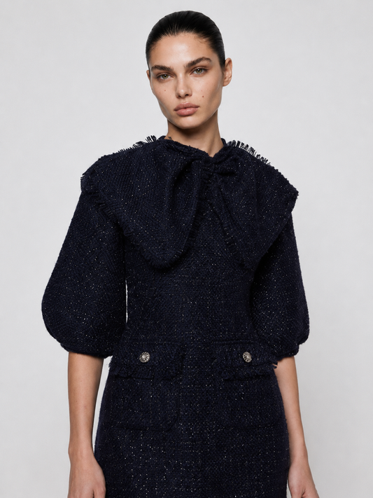 Bow Collar Tweed Midi Dress