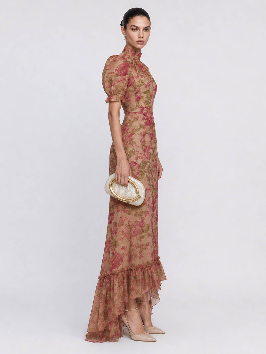 Vintage Rose Puff Sleeve Maxi Dress