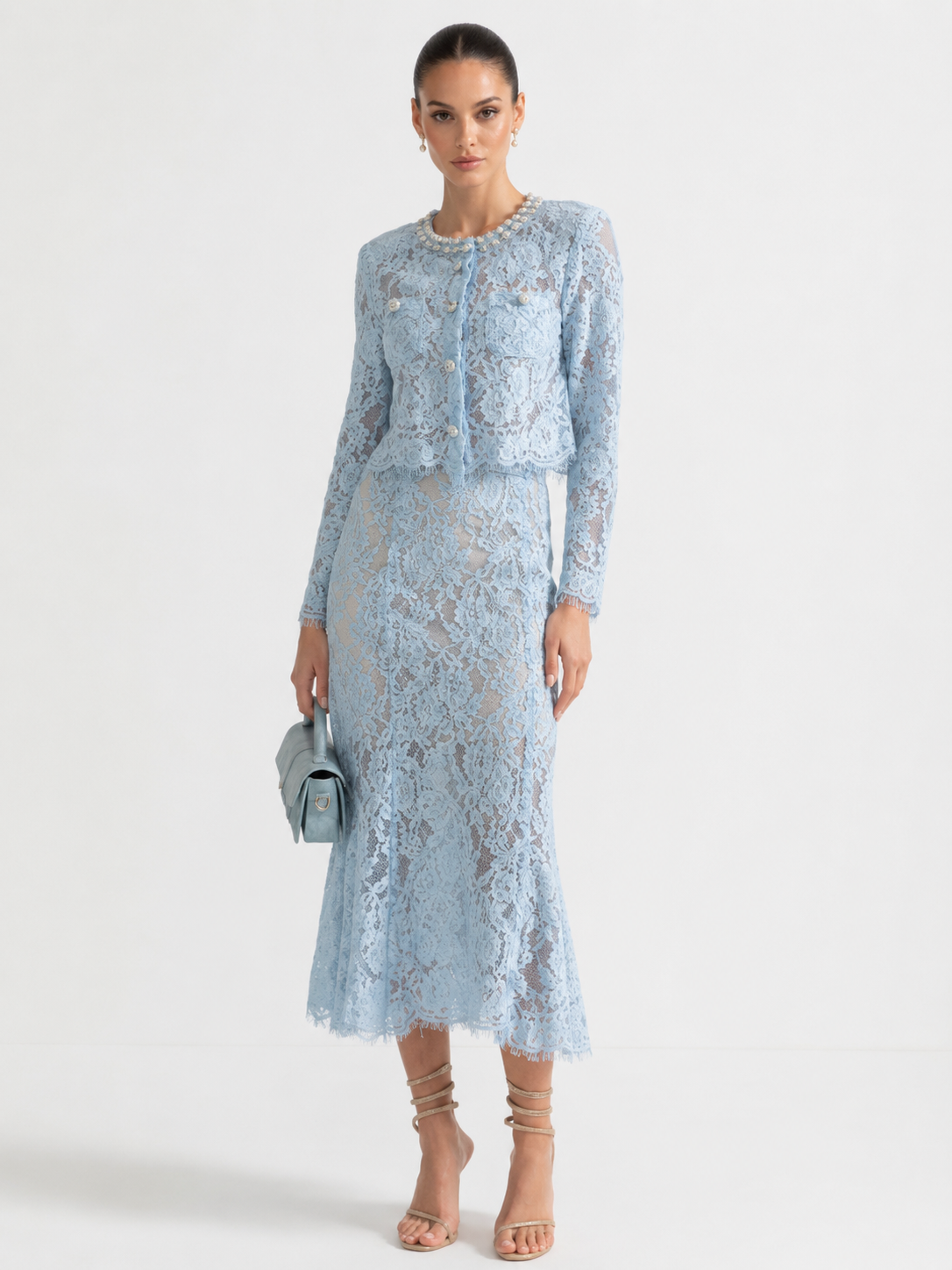 Diamond Embellished Lace Two-Piece Set