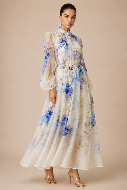 Blue Floral Belted Maxi Dress