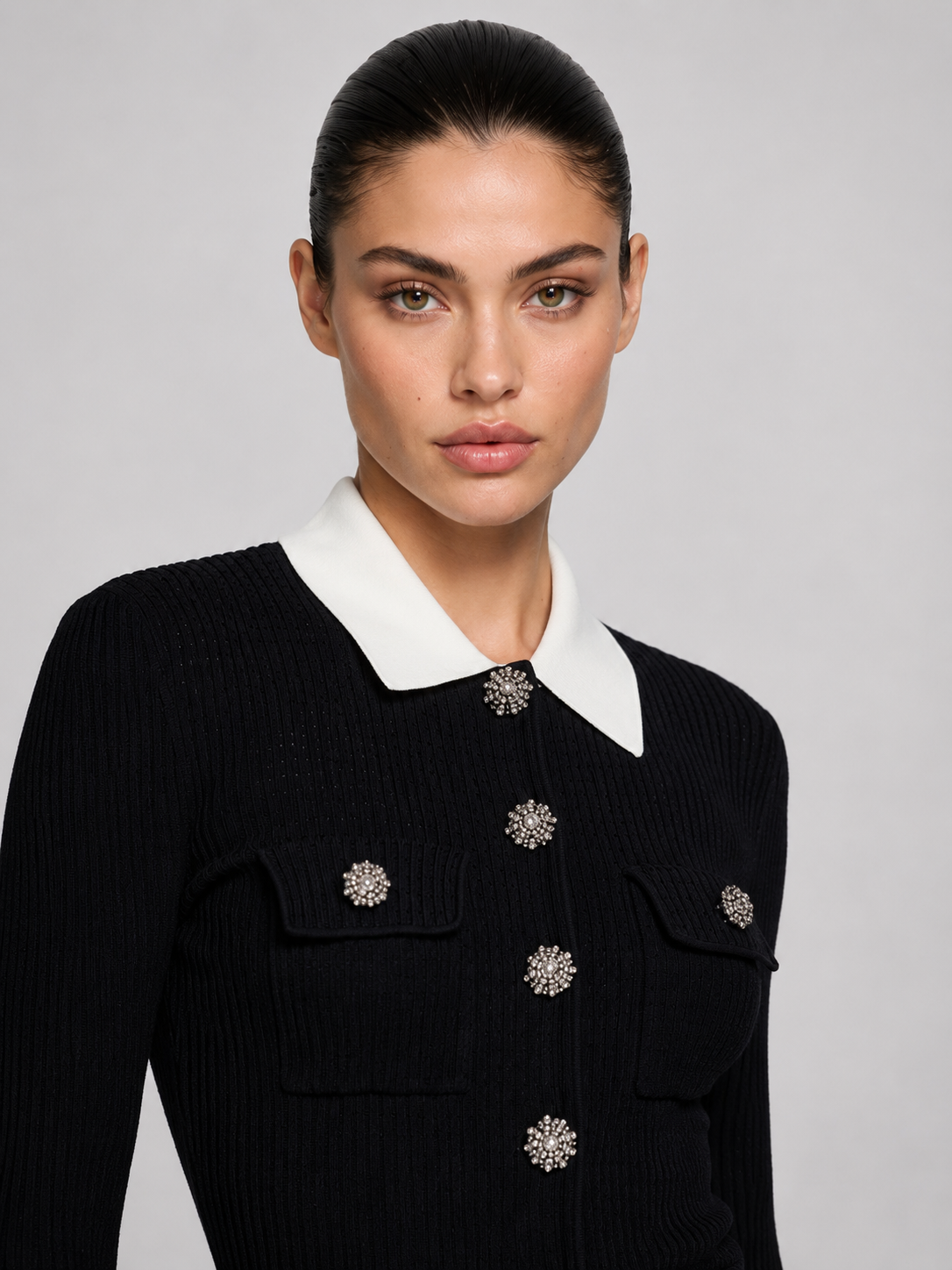 Crystal Button Contrast Collar Ribbed Knit Dress