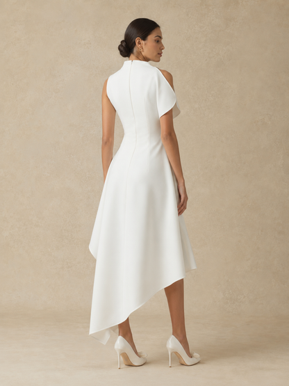 White Asymmetrical Flared Midi Dress
