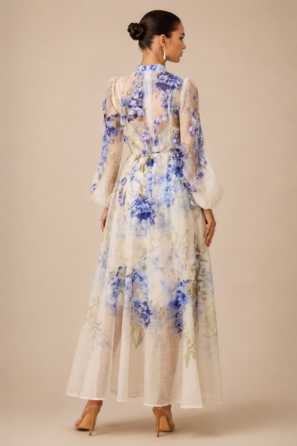 Blue Floral Belted Maxi Dress