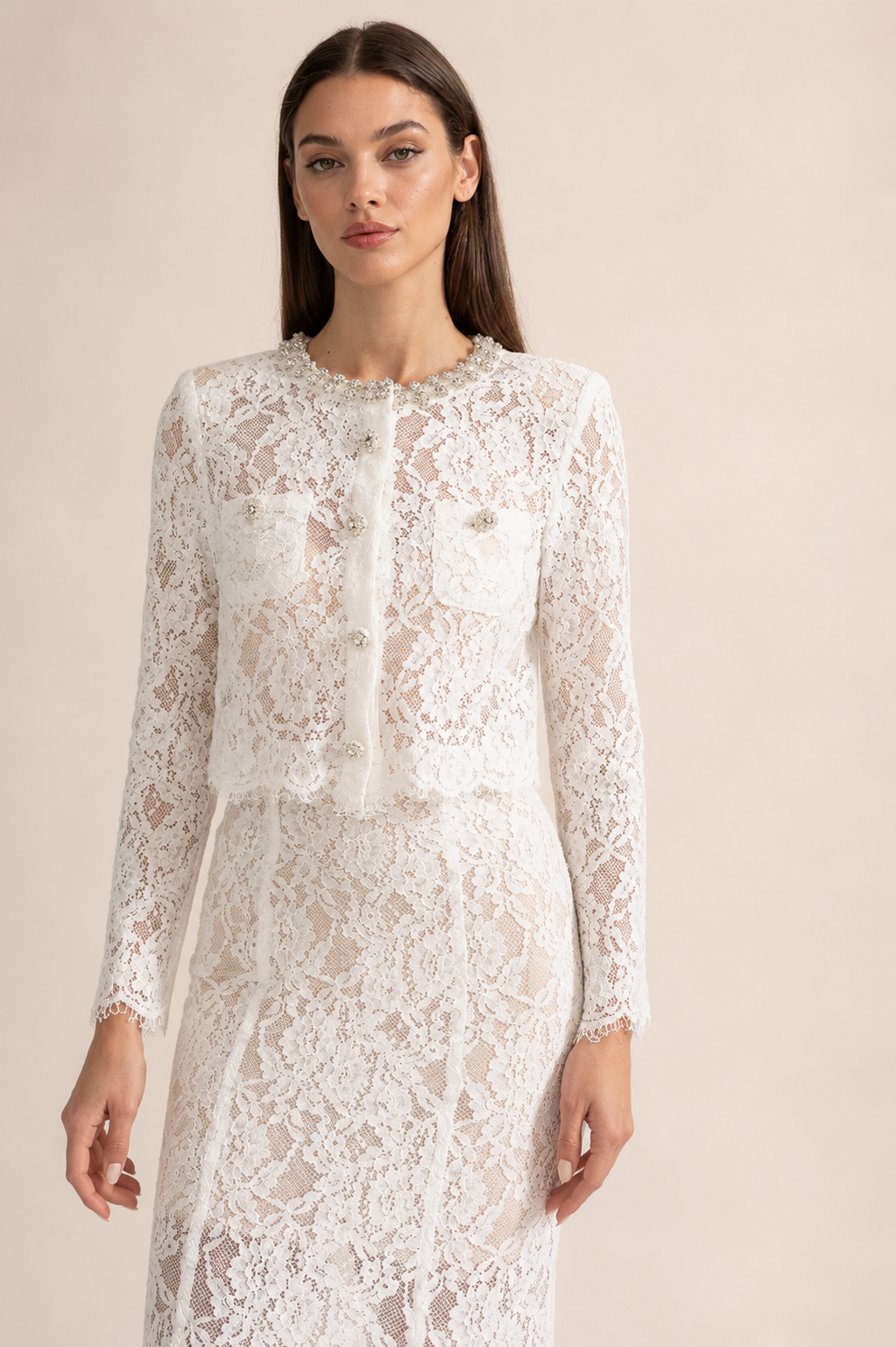 Diamond Embellished Lace Two-Piece Set