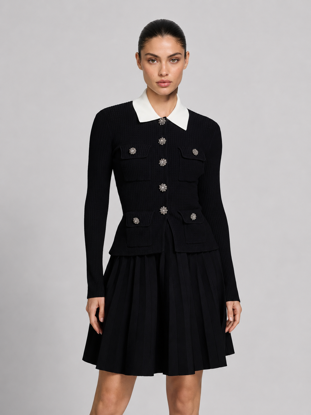 Crystal Button Contrast Collar Ribbed Knit Dress