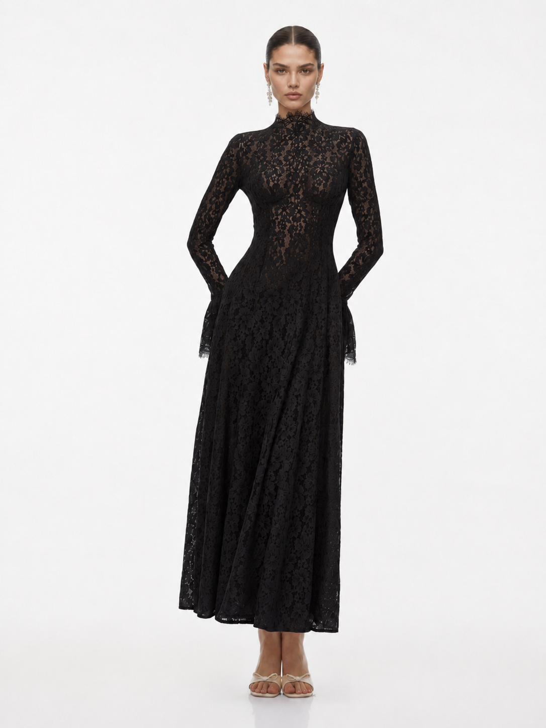 Mock Neck Floral Lace Maxi Dress