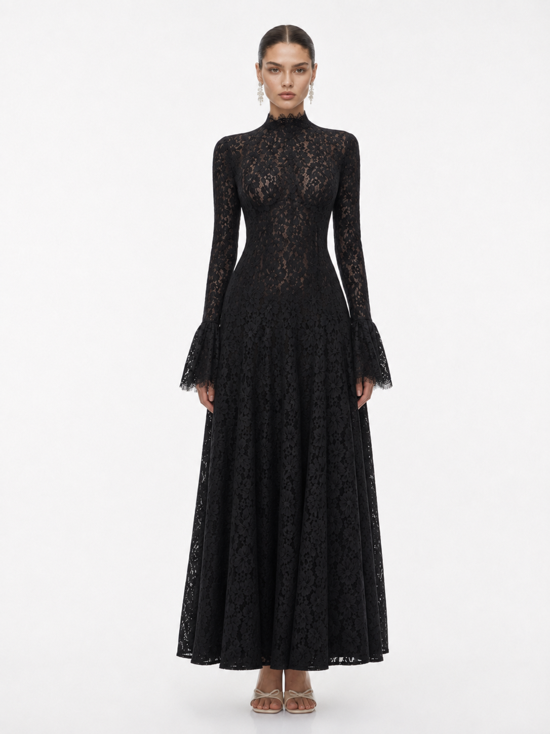 Mock Neck Floral Lace Maxi Dress