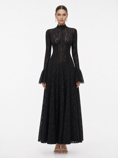 Mock Neck Floral Lace Maxi Dress