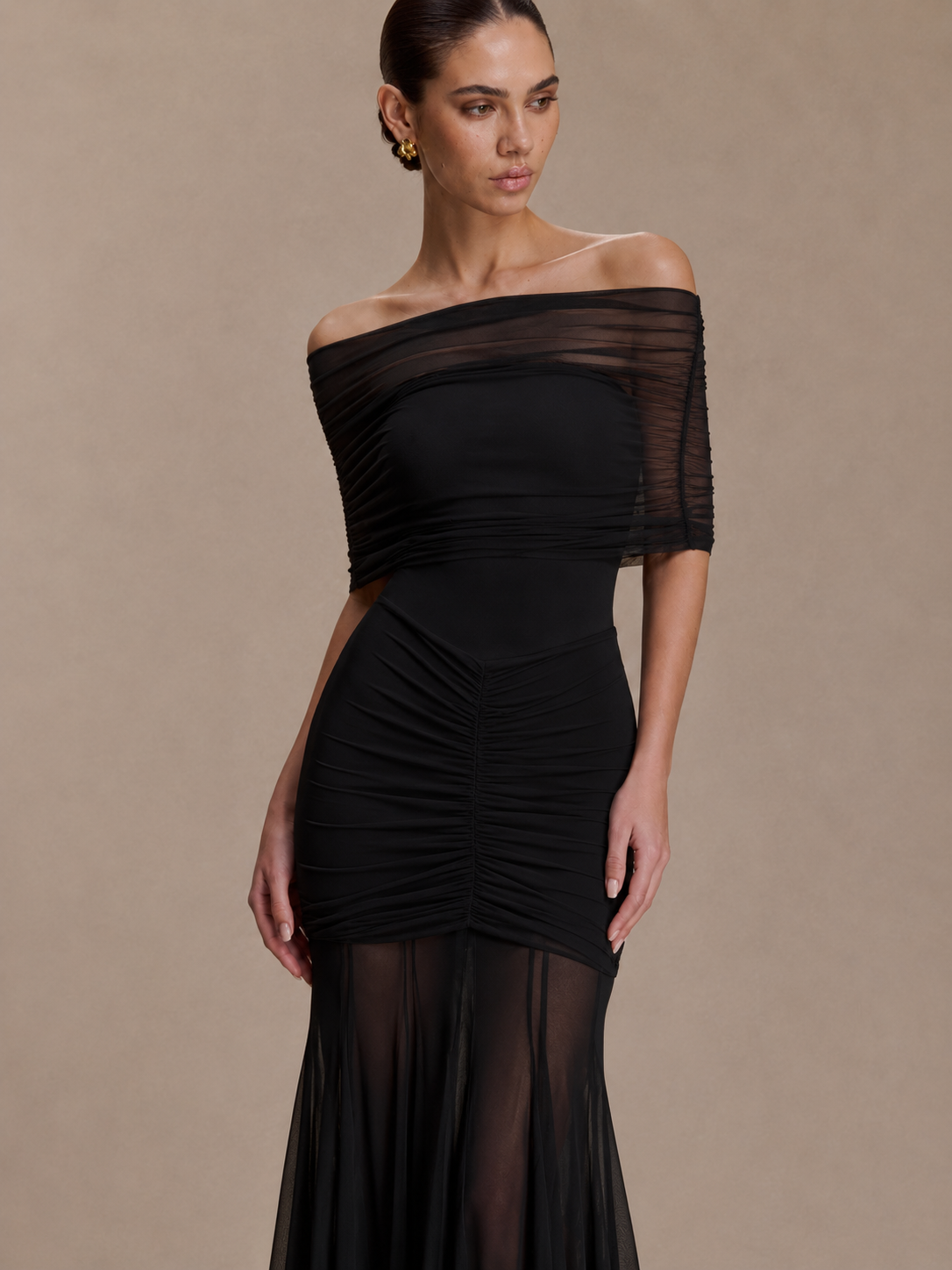 Strapless Pleated Mesh Maxi Dress