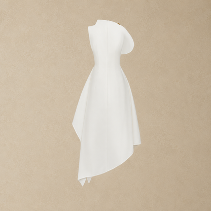 White Asymmetrical Flared Midi Dress