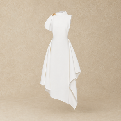 White Asymmetrical Flared Midi Dress