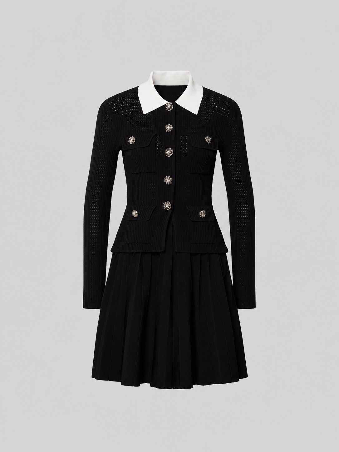 Crystal Button Contrast Collar Ribbed Knit Dress