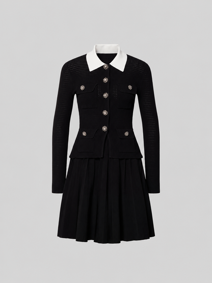 Crystal Button Contrast Collar Ribbed Knit Dress