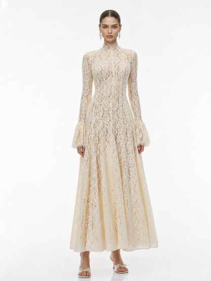 Mock Neck Floral Lace Maxi Dress
