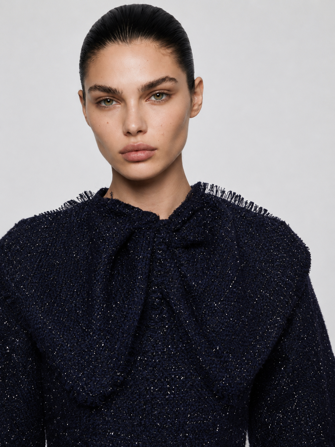 Bow Collar Tweed Midi Dress