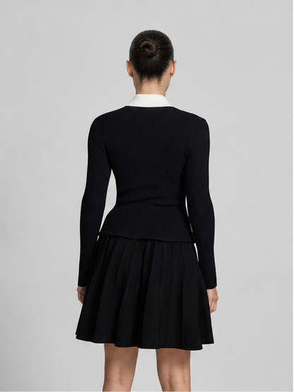Crystal Button Contrast Collar Ribbed Knit Dress