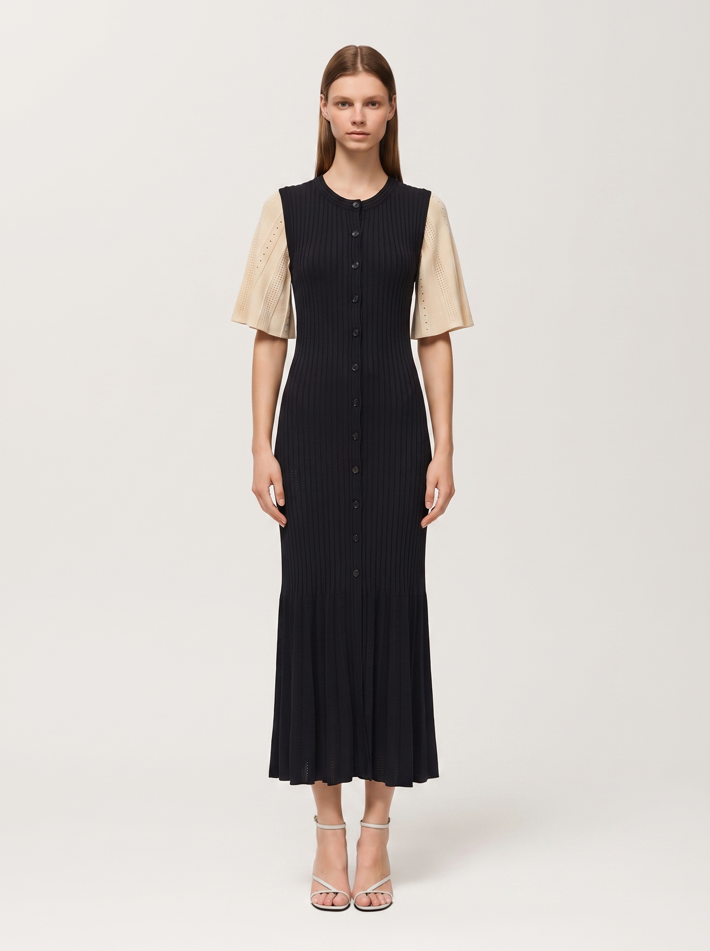 Ribbed Button-Front Knit Midi Dress